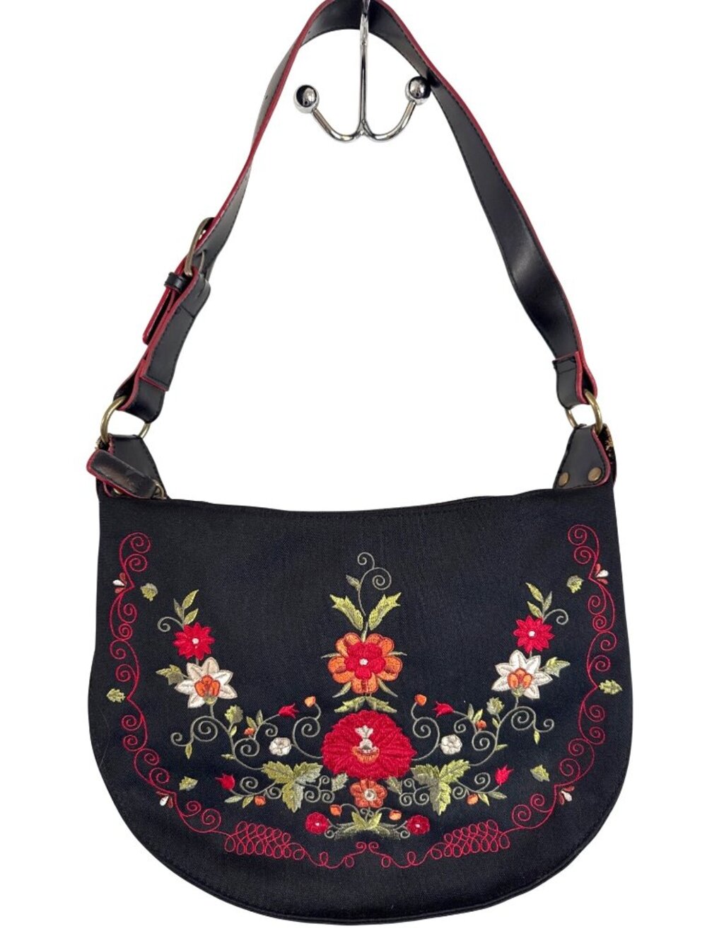 Vintage Avon Black Embroidered Red Floral Flower Shoulder Bag Retro Boho